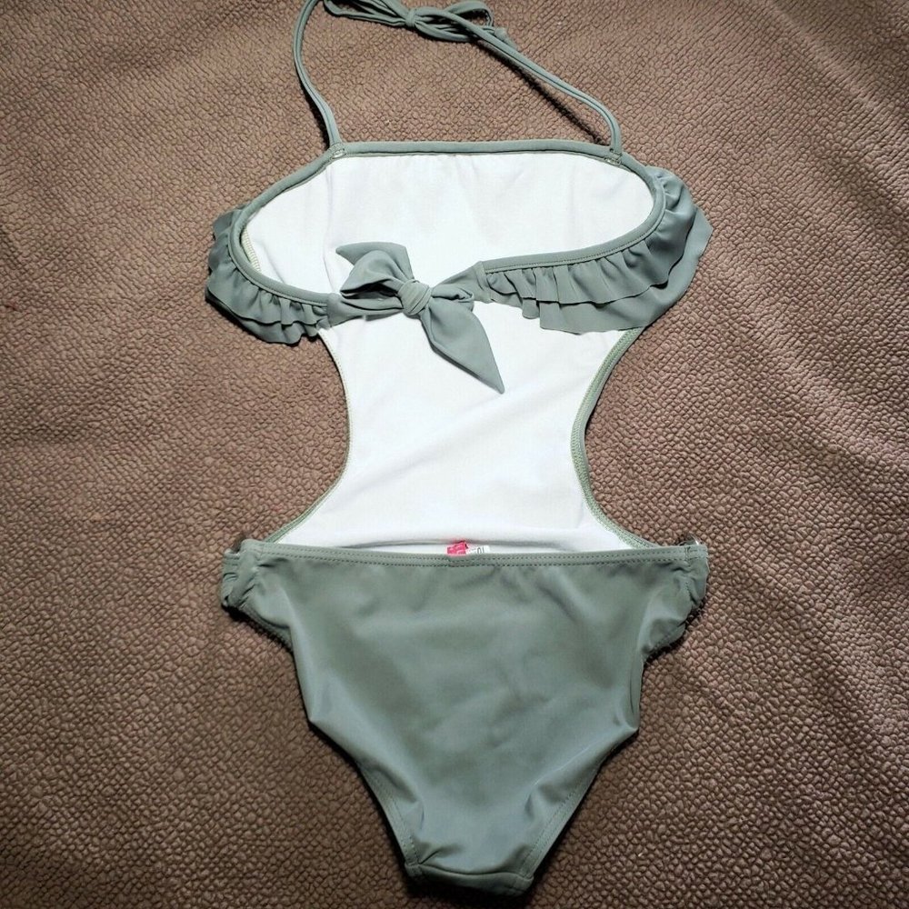 Seafolly Australia Swimsuit Size US 6 / AU 10 Grey Green Cutout Ruffle One Piece - Picture 8 of 11